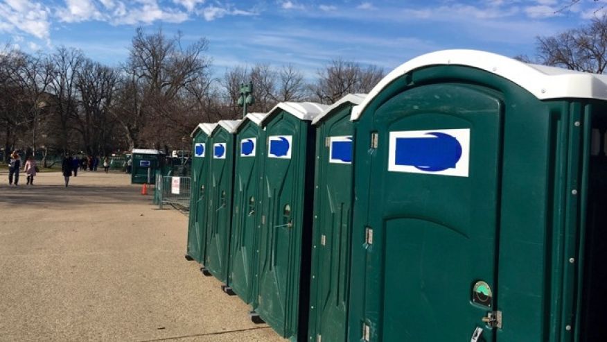Inauguration Portable Toilets Company Name Taped Over