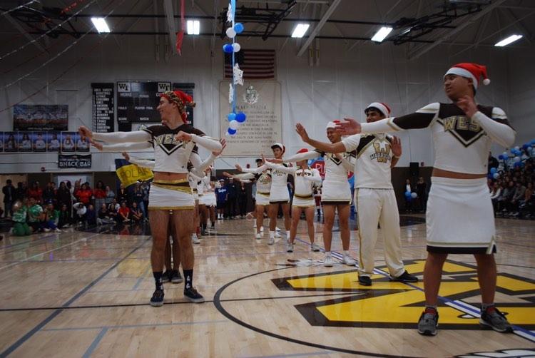 The man leaders gave it their all during their performance to the song Jingle Bell Rock at the Winter Sports Rally. This performance helped them get ready to cheer at this year’s Powder Puff game the following week.
 Picture Courtesy of Freshmen ASB @officialwhsclassof23 on Instagram.