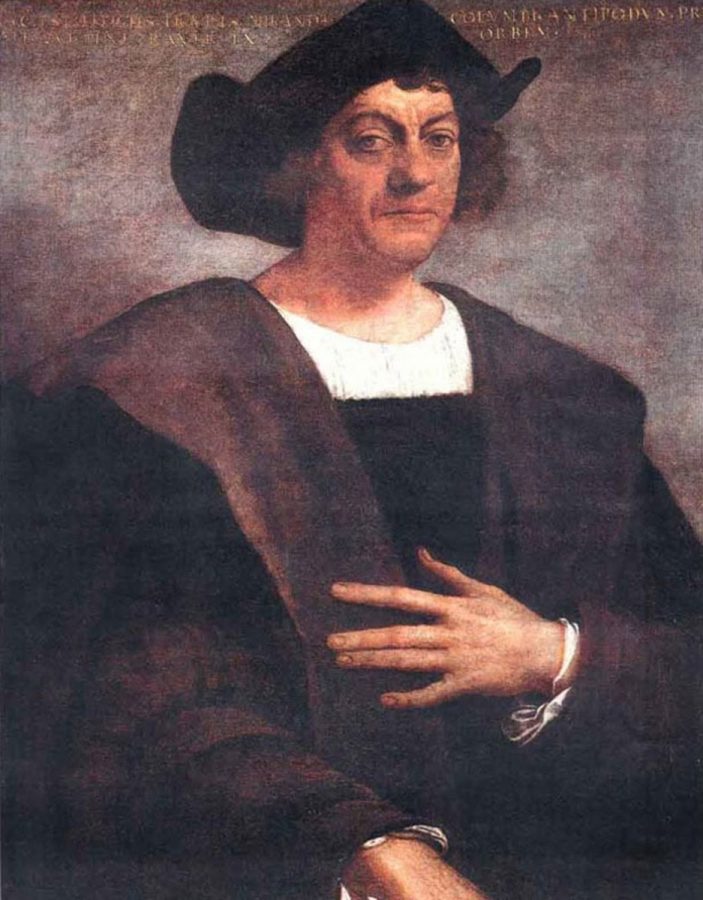 An image of Christopher Columbus. His portrait, although serene, perpetuates a facade of undeserved regality and honor.
