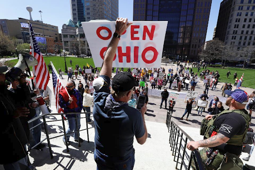 Demonstrators in Columbus, Ohio protest the state-wide lockdown order.
Photo courtesy of Associated Press.