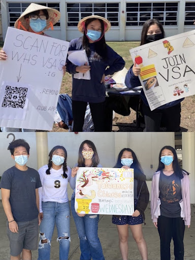 Handing out fliers, shouting out to students, and holding up signs, TCAA and VSA use their opportunity at Club Rush to attract new members. Now that students are back in person, clubs like these can finally resume activities as usual. Photo courtesy of Jennifer Wang (11) and Vanessa Le (12).