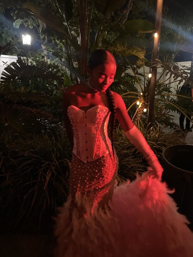 Amor Jones (12) spent her last prom wearing a pink corset and feathered skirt that she pieced together on her own. Her pearl necklace, gloves, and hair in a braid truly brought the look to elegance. Photo courtesy of Amor Jones (12). 
