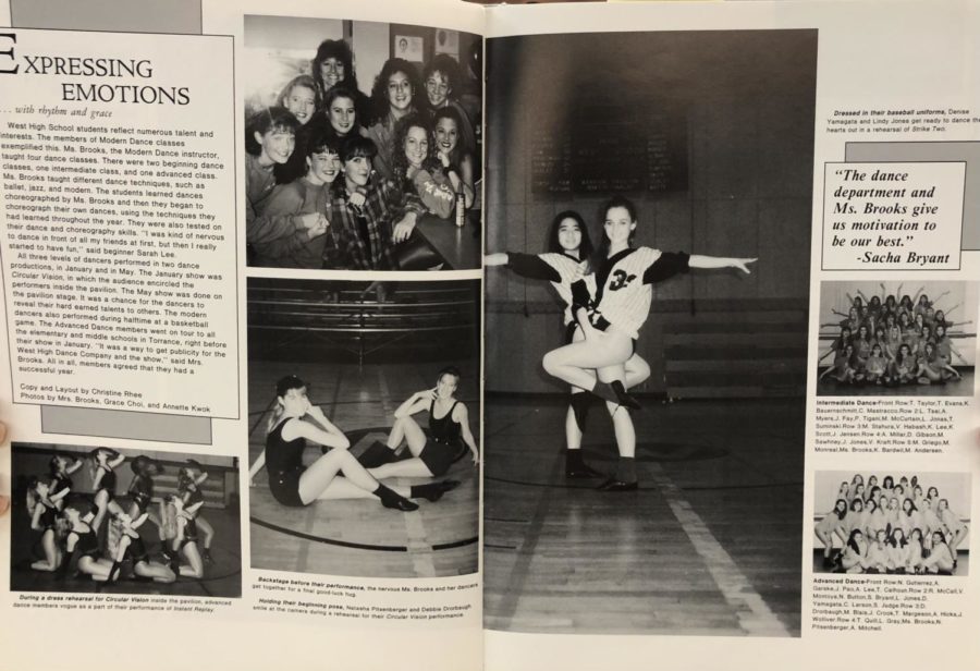 The West High 1992 yearbook showcases the modern dance program of Principal Murata’s senior year. Many of West’s arts programs continued to be maintained by past graduates, such as Mr. Banim of the West High Entertainment Unit and Ms. Vorhis of the Dance Department. Principal Murata commented, “There’s a lot of West High tradition that gets passed down through the teachers that I think is really special here.”
