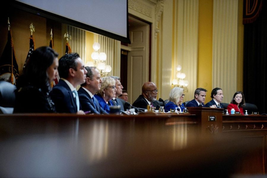 Photographed here is the nine-member panel seated during the ninth and final public hearing before the Midterm Elections. The Select Committee comprises Chairman Bennie Thompson (D-Ms.), Vice-Chair Liz Cheney (R-Wy.), majority committee members Pete Aguilar (D-Ca.), Zoe Lofgren (D-Ca.), Elaine Luria (D-Va.), Stephanie Murphy (D-Fl.), Jamie Raskin (D-Md.), and Adam Schiff (D-Ca.), and minority committee member Adam Kinzinger (R-Il.) 