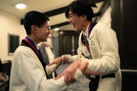 Honors Decathlete Qinghan Jia (10) and Varsity Decathlete Kyle Chung (10) share their jubilation after having won 7th at the state competition and several individual medals. The 44th Annual California Academic Decathlon was held at the Santa Clara Marriott venue near San Jose in Northern California. Photo courtesy of Michelle Zhang.