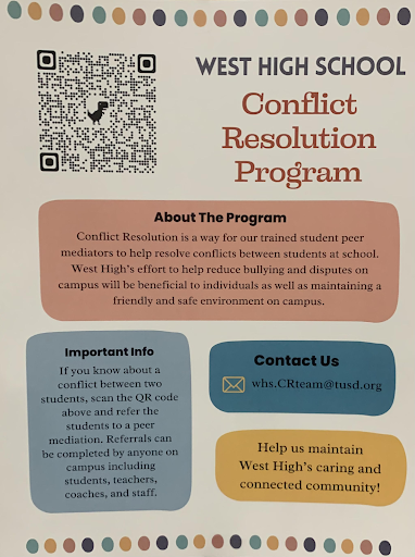 You can find posters just like this in almost every classroom around campus. This poster is just one of the ways to get in contact with the Conflict Resolution Program to help resolve any disputes students may have. Per its mission statement, the program recommends students to sign up or refer others to the program to “help [them] maintain West High’s caring and connected community.”