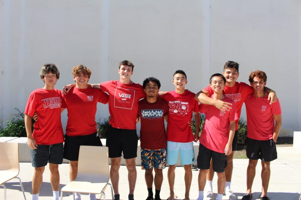 On Friday, Oct. 20, participants pose right before being soaked on the second day of the event. Senior Soak was a great way for ASB not only to raise money but also to promote camaraderie between students. From left to right: Sena Kobayashi (12), Kostadinos Loukatos (12), Cameron O’Neil (12), Aeonn Rubi (12), Micah Taw (12), Darren Chang (12), Ryan McBride (12), Isaac Sanles (12). Photo courtesy of Jordan Seiler (12). 
