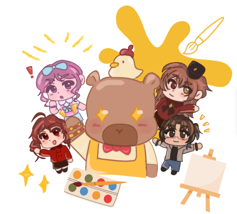 A piece of art depicting the digital personas of all the members of the Art Club board, surrounding their capybara mascot. This drawing was created by Art Club publicists, Gianna Mejia and Julia Ribeiro, and was featured in the slideshow for their meeting on December 4th.