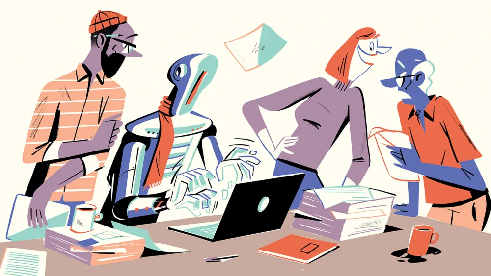 In the modern workplace, artificial intelligence and creativity are now working side by side to innovate, similar to the imaginative phenomenon of a literal AI figure sitting amongst humans. While some support AI's collaboration, others strictly oppose AI's involvement in tasks humans can do themselves. What are your thoughts?

