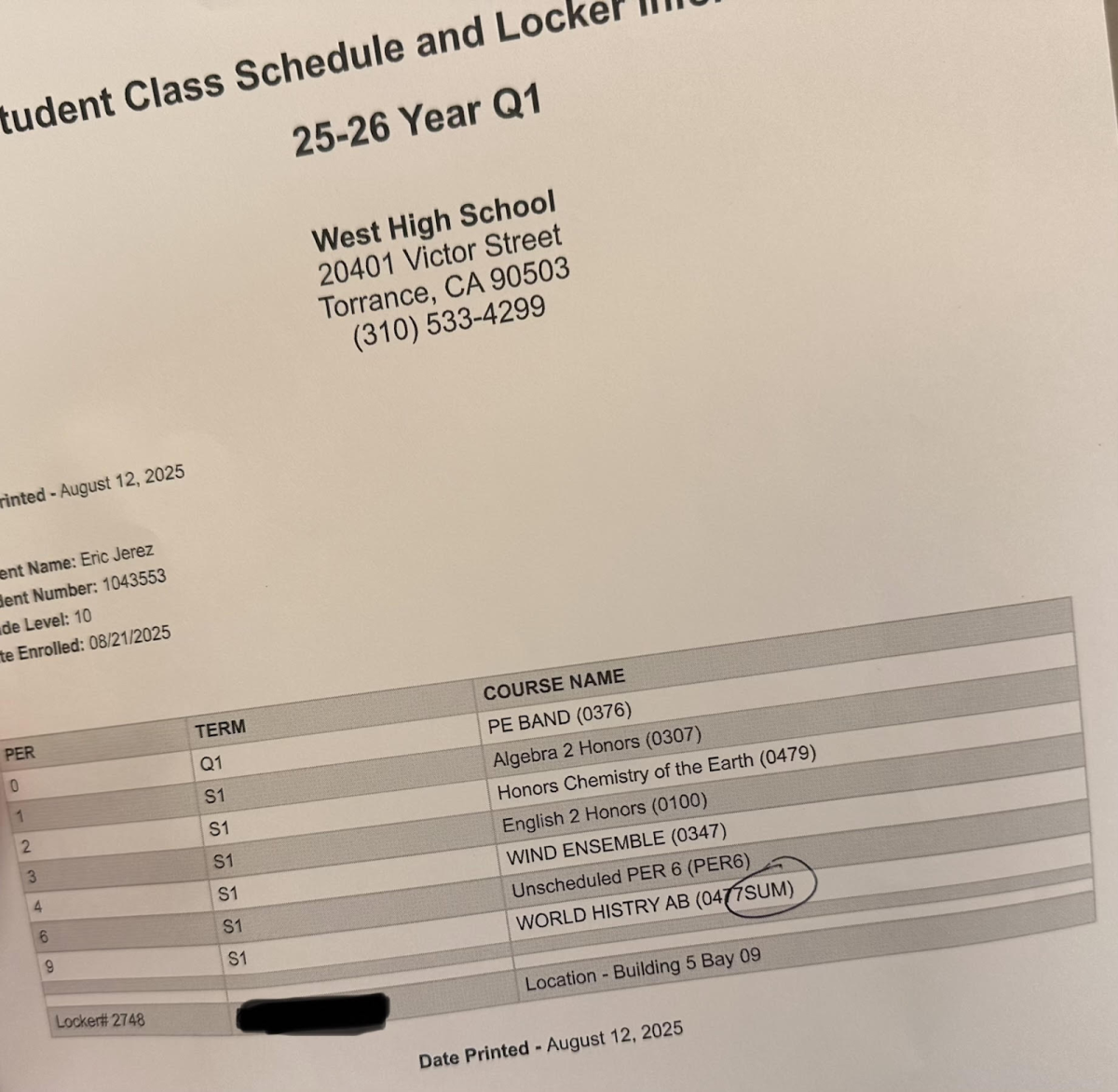 My class schedule from West High reveals the scheduling issue I ran into: An unscheduled 6th period, but no Journalism. I initially chose to take Journalism, hoping to fit in the unscheduled 6th period for volleyball, but when I received my finalized schedule, I found that Journalism had been removed. The conflict between the two courses was not communicated to me, leaving me scrambling to adjust my schedule. 
