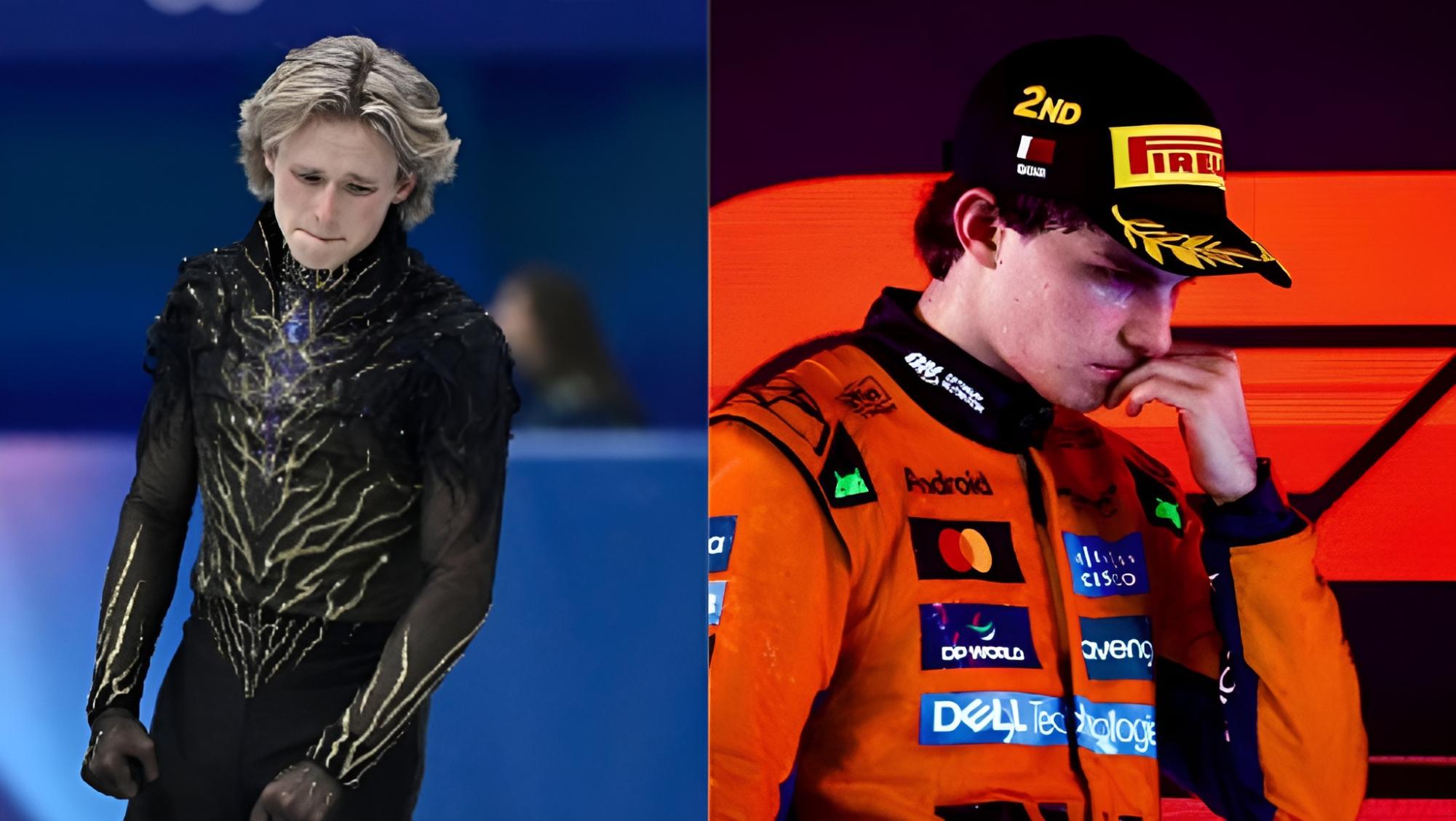 Olympic skater Ilia Malinin (left) reacts after falling twice in his Olympic free skate, dropping from first place to eighth in the competition. Formula 1 driver Oscar Piastri (right) stands on the podium following McLaren's strategy that cost him the 2025 Qatar Grand Prix win. Both athletes were favoured to win in their respective competitions. 

