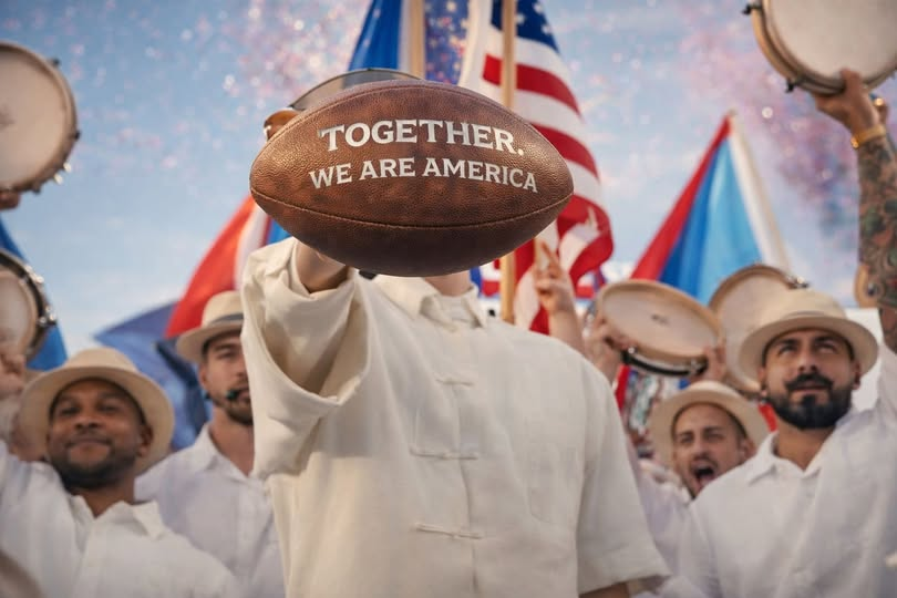 Puerto Rican singer, Bad Bunny, holds up a football with the words, “Together we are America” painted on it while the Americas’ flags valiantly parade in the background. The image encapsulates the core message of the Halftime Show for the 2026 Super Bowl, sparking heated debate over what is considered “American.” 

