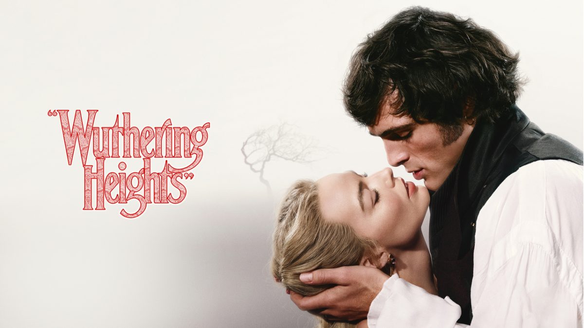 This image captures a romantic moment between Catherine and Heathcliff from the 2026 film version of the story. It featured Margot Robbie and Jacob Elordi looking super intense as they lean in for a kiss. 