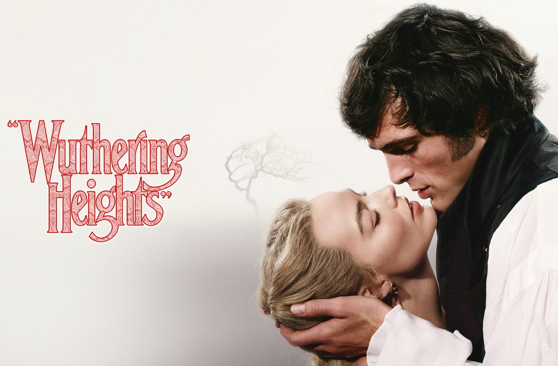 This image captures a romantic moment between Catherine and Heathcliff from the 2026 film version of the story. It featured Margot Robbie and Jacob Elordi looking super intense as they lean in for a kiss. 